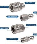 5-piece stainless steel pressure washer quick-connect fittings set with 3/8 in NPT male/female adapters and plugs.