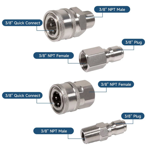 5-piece stainless steel pressure washer quick-connect fittings set with 3/8 in NPT male/female adapters and plugs.