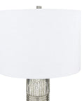 Reeded Glass Table Lamp With Metal Base In Antiqued French Silver Mercury Glass Finish, White Linen Drum Shade, 30 Inches Tall