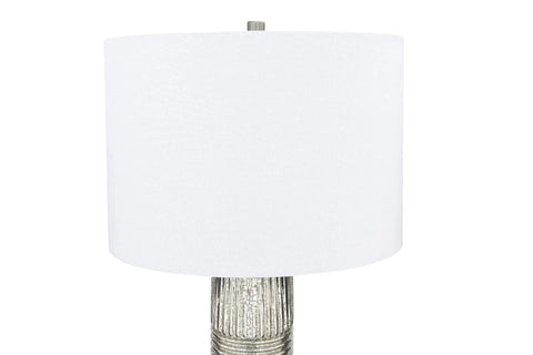Reeded Glass Table Lamp With Metal Base In Antiqued French Silver Mercury Glass Finish, White Linen Drum Shade, 30 Inches Tall