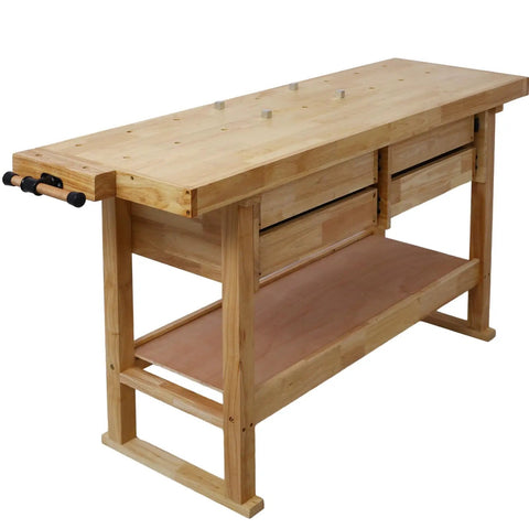 Beefy Heavy Duty Wooden Workbench With Four Drawers And Rubber Wood Top, 60 Inch Garage Shop Table With Two 16 Inch F Clamps, 330 Pounds Capacity