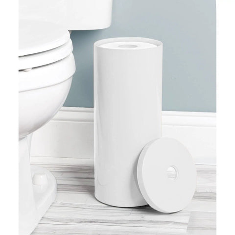 Three Roll Toilet Paper Organizer With Cover Floor Stand For Bathroom Space Saving Tissue Storage Aura Collection White