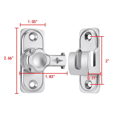 Straight Up No Nonsense Premium Zinc Alloy Barn Door Lock Featuring Dual Angle Mounting For Outside Gates Shed Enclosures Bedroom Doors Silver Security Latch close-up with dimensions marked.