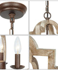 Close-up details of Orb 4 Light Farmhouse Chandelier With Handmade Wood Frame, Bronze And Walnut Finish, fixtures and frame