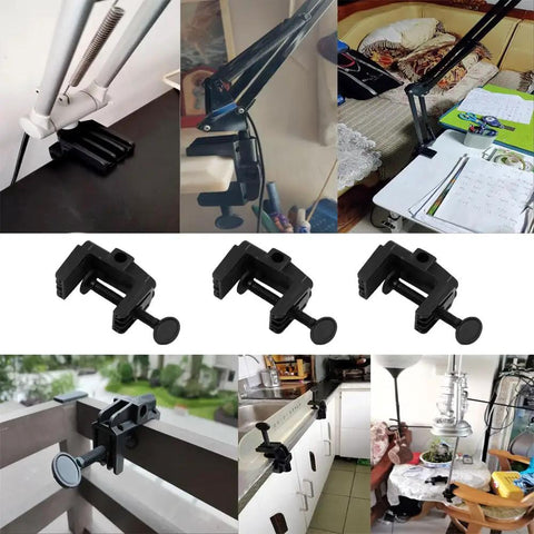 Heavy Duty Desk Lamp Swing Arm Clamp Set Of Three Non Marring Plastic Bracket Holder mounted on various surfaces.
