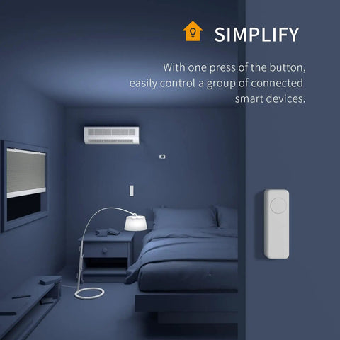 ZigBee Smart Button 3 Way Remote for Smart Home Control on blue wall in bedroom scene with bed and lamp.