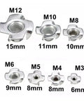 Various sizes of four claw T nuts for wood furniture mounting and speaker installations, heavy duty M8 threaded fasteners in pack of 100