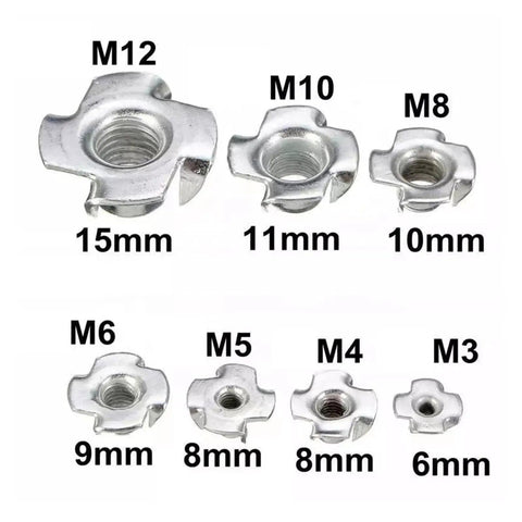 Various sizes of four claw T nuts for wood furniture mounting and speaker installations, heavy duty M8 threaded fasteners in pack of 100