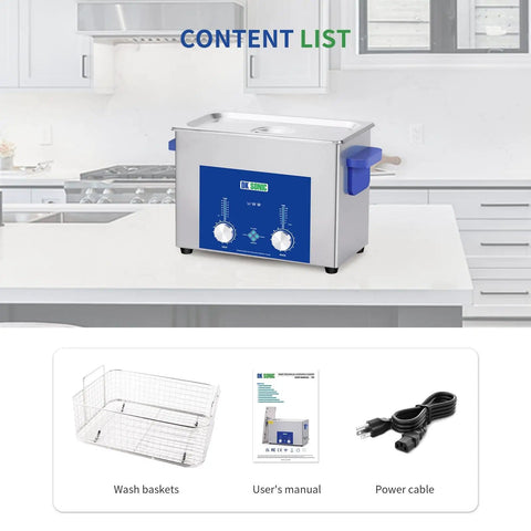 Heavy Duty Industrial Ultrasonic Cleaner 4L 120W With Timer And Heater Basket, displayed with accessories on a kitchen counter.