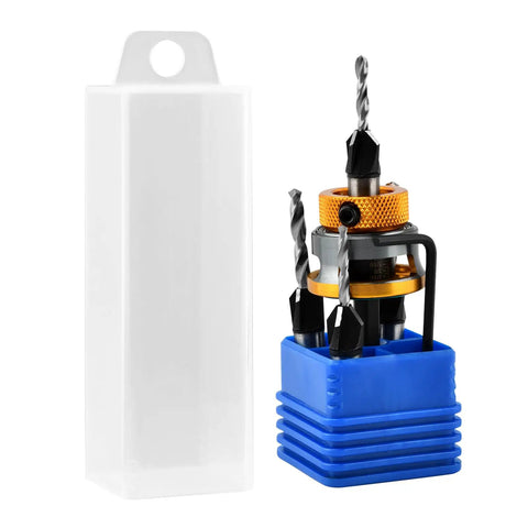 Built Tough Countersink Drill Bit Set With Adjustable Depth Stop And Quick Change Hex Shank for clean woodwork, includes case.