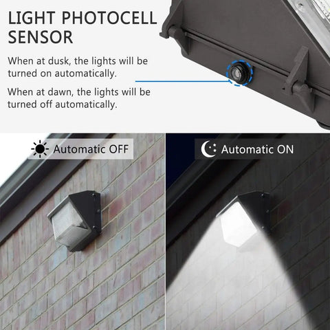 120W Dusk To Dawn LED Wall Pack Light With Photocell, 15840 Lumens, 5000K, showing automatic on-off sensor