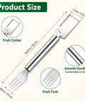 Stainless steel 2-In-1 Watermelon Fork Cutter with dual head knife and fork, product size diagram and features shown