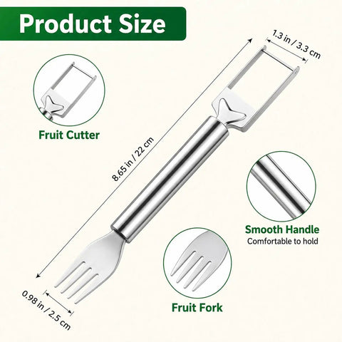 Stainless steel 2-In-1 Watermelon Fork Cutter with dual head knife and fork, product size diagram and features shown