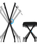 Sturdy Heavy Duty X Style Keyboard Stand And Bench Set For Digital Pianos showing adjustable height and lockable straps in steel