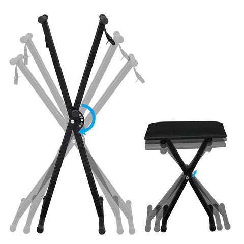 Sturdy Heavy Duty X Style Keyboard Stand And Bench Set For Digital Pianos showing adjustable height and lockable straps in steel