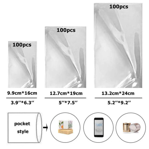Top Tier Heat Shrink Wrap Bags Bundle showing three sizes: 3.9x6.3in, 5x7.5in, 5.2x9.2in clear POF film for sealing