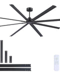 Badass 84 Inch Industrial Ceiling Fan With Reversible DC Motor And Eight Robust Blades Delivers Six Speed Remote Control Hella Quiet Airflow For Massive Garages And Shops In Matte Black, displayed with mounting rods and remote.