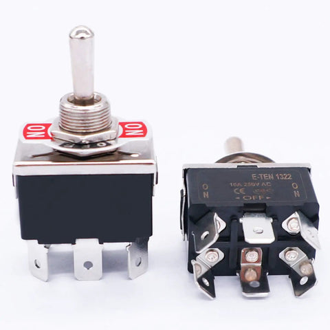 Beefy Three Pack Latching DPDT Toggle Switches 6 Pin 3 Position On Off On Heavy Duty 16A 250VAC Waterproof Cap Spade Terminals