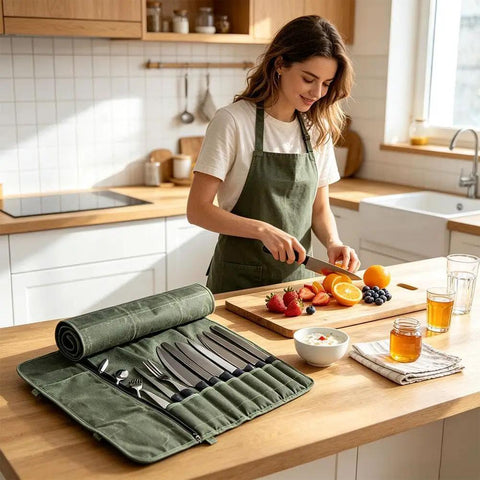 Pro Grade Heavy Duty Waxed Canvas Knife Roll Case For Chefs on kitchen counter with woman slicing citrus fruits