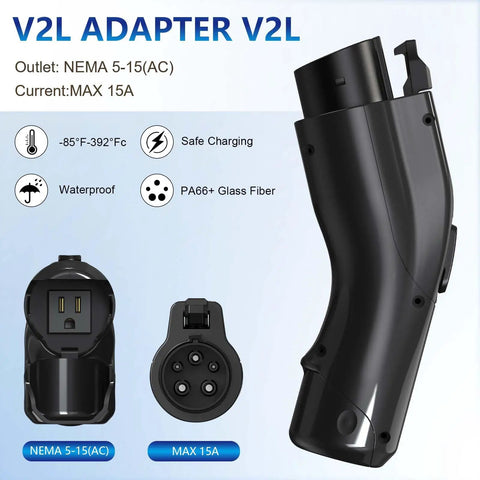 Portable V2L Converter For Electric Vehicles Morphs Charging Port Into Legit US AC Outlet showing NEMA 5-15 and charging connectors.