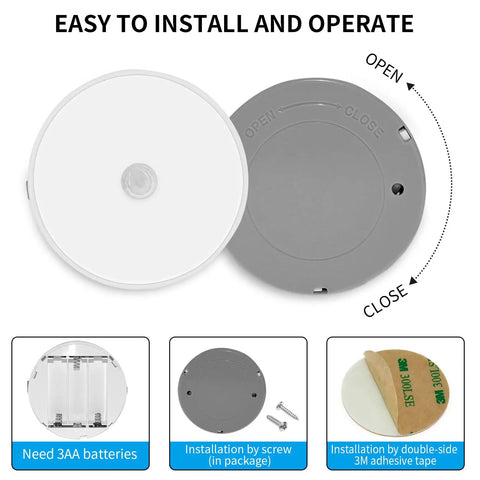 Installation guide for LED Motion Sensor Closet Light Battery Powered Cordless Under Cabinet Lighting with 3M tape and screws