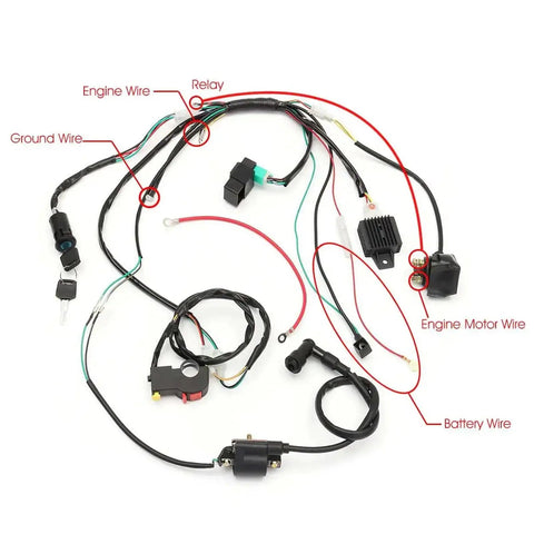 6 Coil CDI Ignition Wiring Harness Kit For Motorcycle ATV Quad Pit Bike 50cc 70cc 90cc 110cc 125cc Ignition Switch Replacement Plug And Play Complete Electrics For A Fast Reliable Spark And Easy Start, showing labeled wires and components.