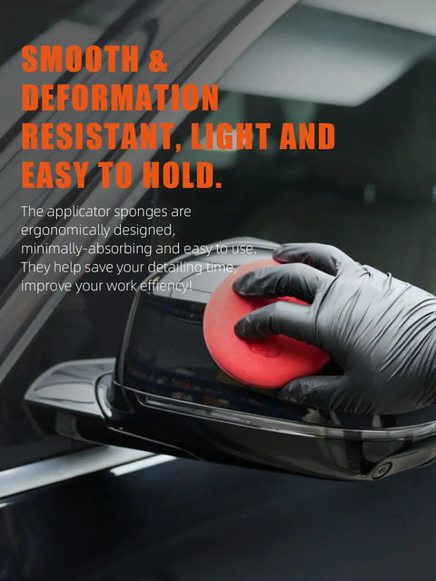 10 Pack Foam Wax Applicator Pads For Car Detailing, 4 Inch Red Hand Wax Pads, used on car mirror by gloved hand
