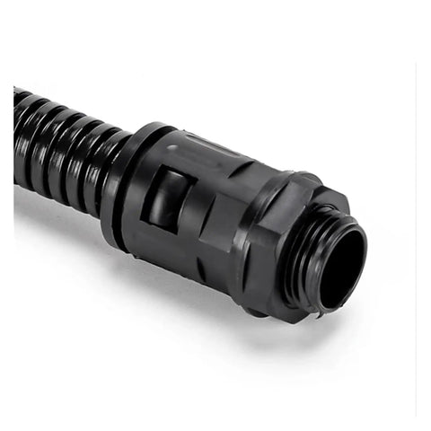 Heavy Duty Straight Corrugated Conduit Fitting Connector for Electrical Flexible Nylon Cable Hose Gland Rock Solid IP65 Waterproof Rated Black 5 Pack showing detailed connector end.