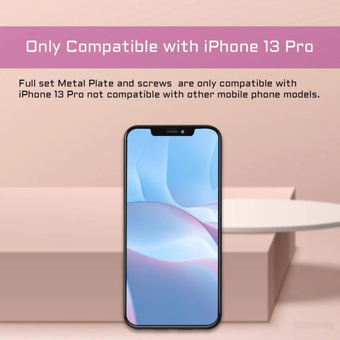 Image displaying iPhone 13 Pro screen with text "Only Compatible with iPhone 13 Pro" for Complete Internal Screw Set and Full Metal Bracket Kit.