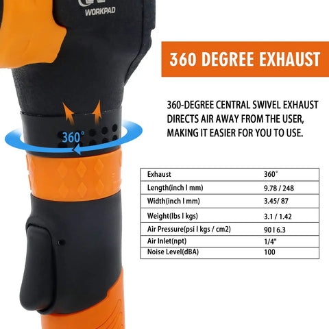 Half Inch Air Angle Impact Wrench With 370 Ft Lb Torque Ultra Compact 9.78 Inch Handle Lightweight 3.1 Lb Pneumatic Tool Built For Tight Spots Smooth One Hand Operation For Pros And DIY Car Repairs, swivel exhaust feature