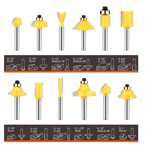 Pro-Grade 1/4 Inch Shank Router Bits Set, 12 Pieces Tungsten Carbide Woodworking Bits For Clean Precision Cuts displayed