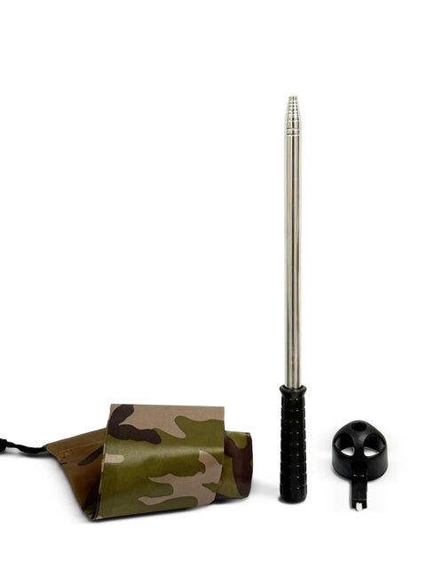 Compact Golf Ball Retriever 9 Foot Telescoping Stainless Steel Pole With Carry Bag Rust Resistant Lightweight Durable Easy To Use Pick Up Tool For Water Hazards And Tee Boxes, showing the pole, camo carry bag, and retrieval head.