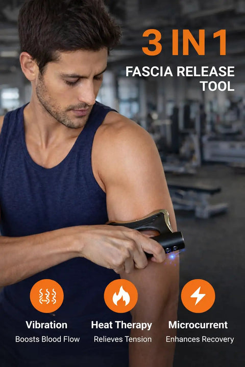 Man using Motorized Heated Muscle Scraper Tool For Fascia Release And Full Body Contouring with Vibration and Heat Therapy