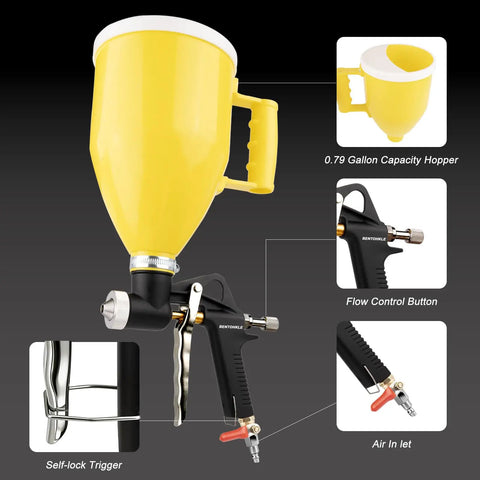 Zero Sweat Drywall Renovation With This Heavy Duty Texture Spray Gun Kit Featuring Three Swappable Nozzles complete setup with yellow hopper and flow control.