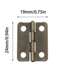 Sixty Piece Bronze Mini Cabinet Hinges With 240 Mounting Screws One Inch Iron Corner Fitting For Drawers And Jewelry Boxes close-up view