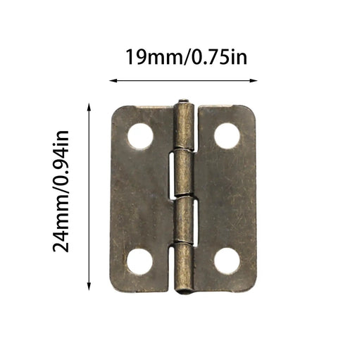 Sixty Piece Bronze Mini Cabinet Hinges With 240 Mounting Screws One Inch Iron Corner Fitting For Drawers And Jewelry Boxes close-up view