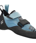 Equipment Focus Women's Climbing Shoes Caspian 8, moderate downturn, blue with engineered knit tongue, side view.