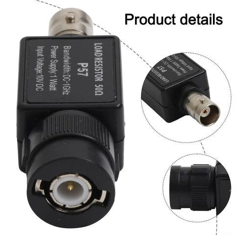 50 Ohm BNC Male to Female Adapter With 1 Watt Dummy Load Resistor, DC to 1 GHz RF Signal Testing Accessory, front and side view