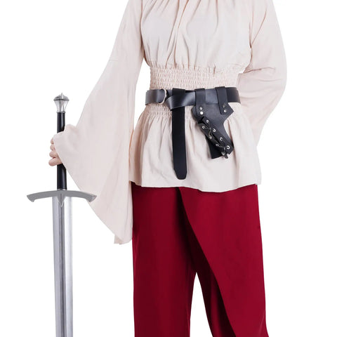 Person wearing Medieval Belt Sword Dagger Frog Holster Set For Halloween Renaissance Knight Pirate Viking Cosplay Accessories
