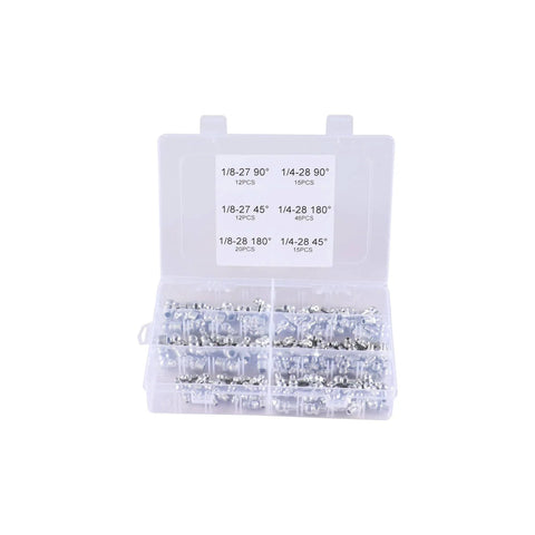 Open box showing Grease Fittings Kit 400 Piece SAE And Metric Nipple Set With Straight 90 Degree And 45 Degree Angled Zerks in compartments.