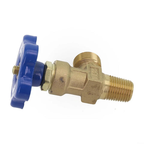 Multi Function Argon Gas Cylinder Valve For Kitchen Appliances And Bathroom Fixtures, Solid Copper Small Teeth Bottle Head With Tight Airtight Seal, Built To Last Copper Construction For Home Use, blue handle side view