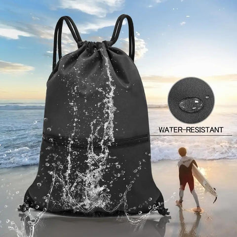 Durable Black Drawstring Backpack For Gym And Everyday Carry No Fuss Use With Thick Polyester Material near ocean splash
