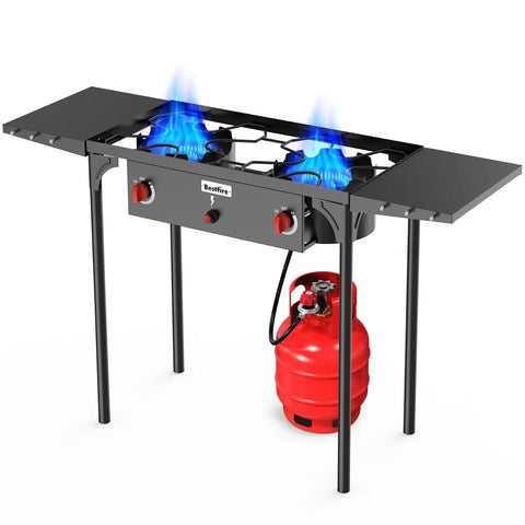 Two Burner Propane Camping Stove With One Touch Auto Ignition For Safer Easy Start, 150000 BTU, CSA Certified, outdoor setup