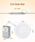 Illustration of Ultra Thin 6 Inch LED Recessed Lights With Night Light, dimensions for cut hole, canless design.