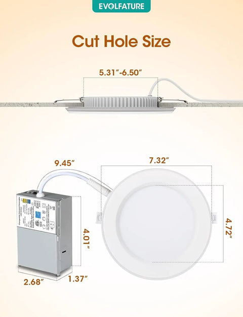 Illustration of Ultra Thin 6 Inch LED Recessed Lights With Night Light, dimensions for cut hole, canless design.