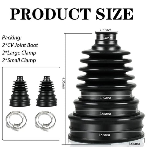 Product image of 2PCS Universal CV Joint Boot Kit with Silicone Dust Boots shown with size dimensions and included clamps