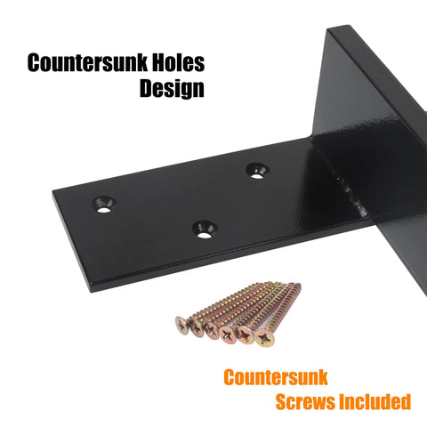 2 Pack Free Hanging T Shelf Brackets Beefy Heavy Duty Steel Knee Wall Hidden Granite Countertop Support Includes Screws, close-up view with countersunk holes and screws
