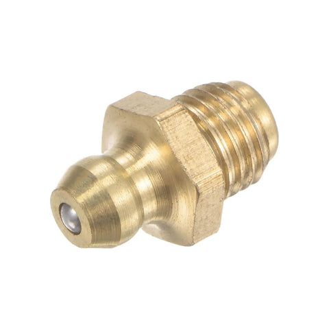 Close-up of a brass grease fitting with 5/16-24 thread, part of the Brass Straight Grease Fittings Set for 5/16-24 Thread, 10mm Wide Hydraulic Fittings, 20-Piece Assortment.