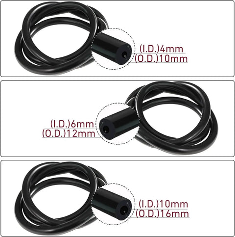 Upgraded High Temp Silicone Vacuum Hose Kit For Your Ride Includes 3 Sizes 4Mm 6Mm And 10mm Inner Diameter Plus 5 Ft Black Rubber Tubing Heavy Duty Wall Thick For Engine Bay Performance Projects That Feel Sweet., black hose coils shown with 4mm, 6mm, and 10mm I.D. ends