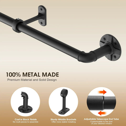Extra Long 240 Inch Blackout Curtain Rod Built Tough For Indoor Outdoor Use Heavy Duty Industrial Adjustable Drapery Rod 1 Inch Diameter Room Darkening Window Treatment And Room Divider showing metal design with adjustable telescope end tube